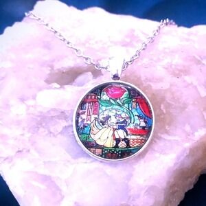 Beauty and the Beast Stained Glass Pendant Silver Necklace Disneycore Gift -New